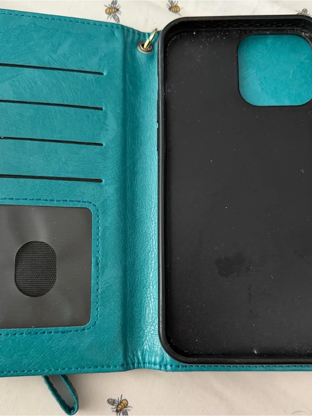 Teal Embossed Floral Wallet Phone Case with Wrist Strap iPhone 13 ProMax